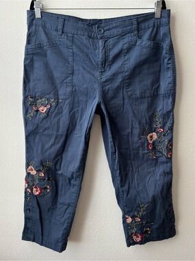 Navy Embroidered Capri Pants